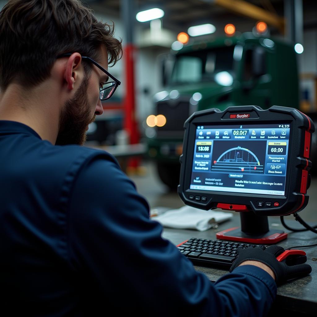 Mechanic Using a Diagnostic Tool on a Truck