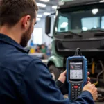 Mechanic Using Diagnostic Tool on Truck