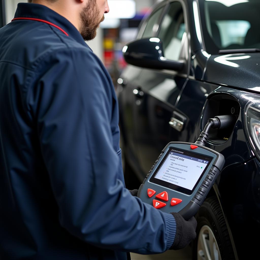 Mechanic Using a Diagnostic Tool on a Vauxhall Insignia