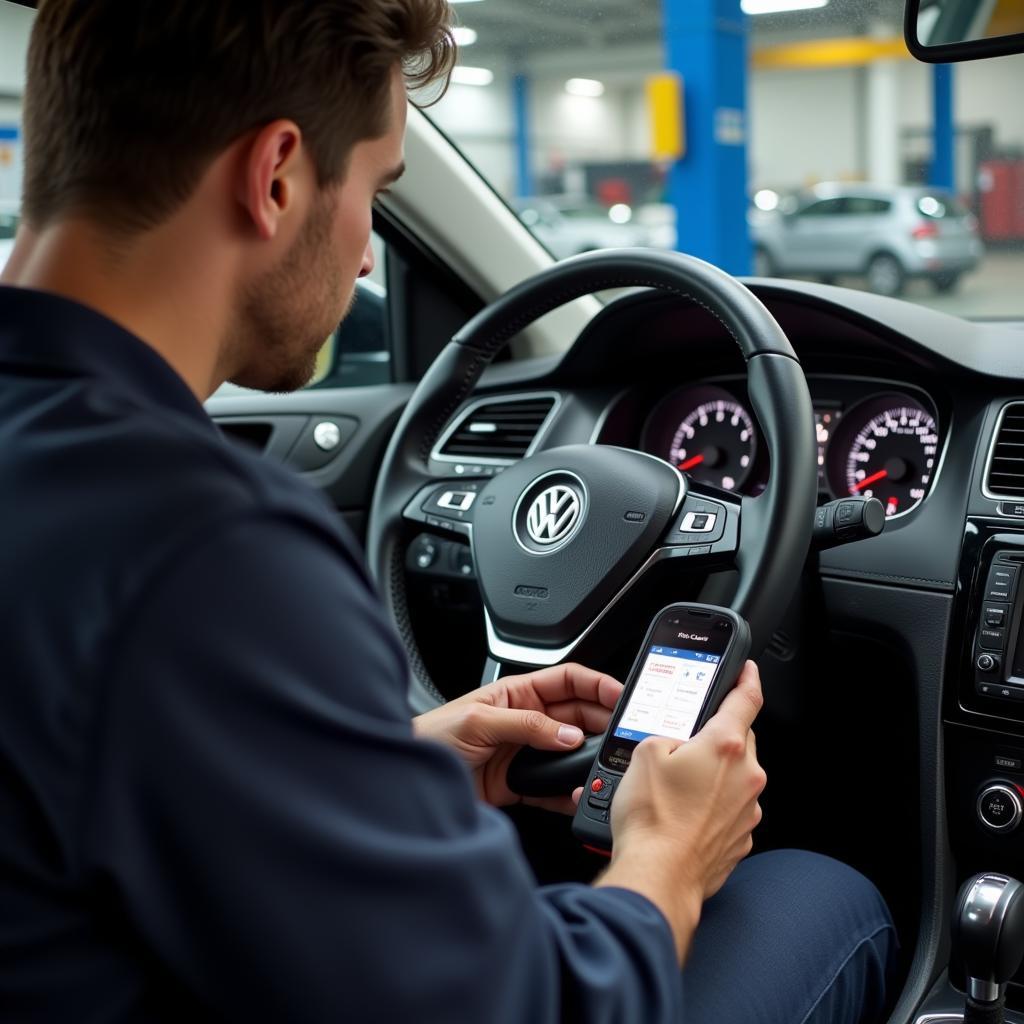 Mechanic Using Diagnostic Tool on VW