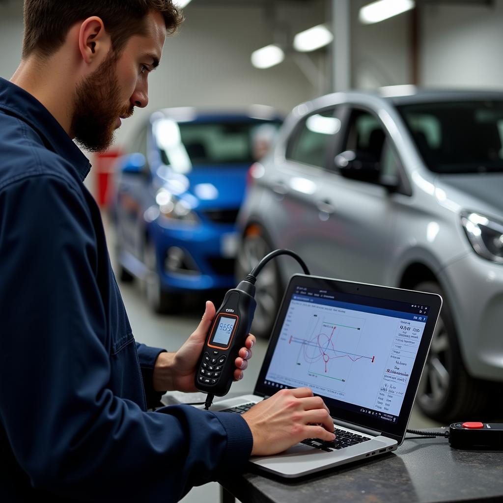 Mechanic Performing Diagnostics on a Peugeot 208cc