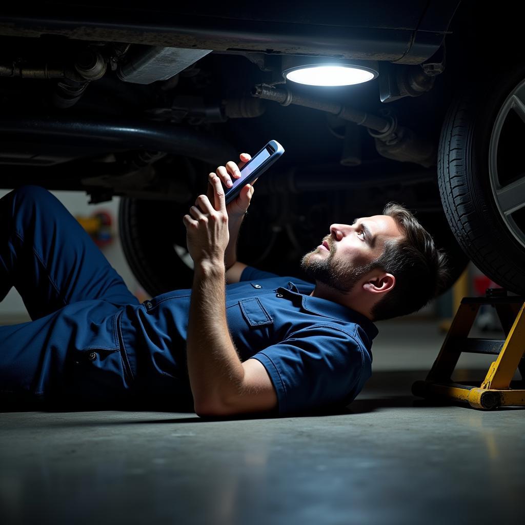 Mechanic using a diagnostic tool under a car