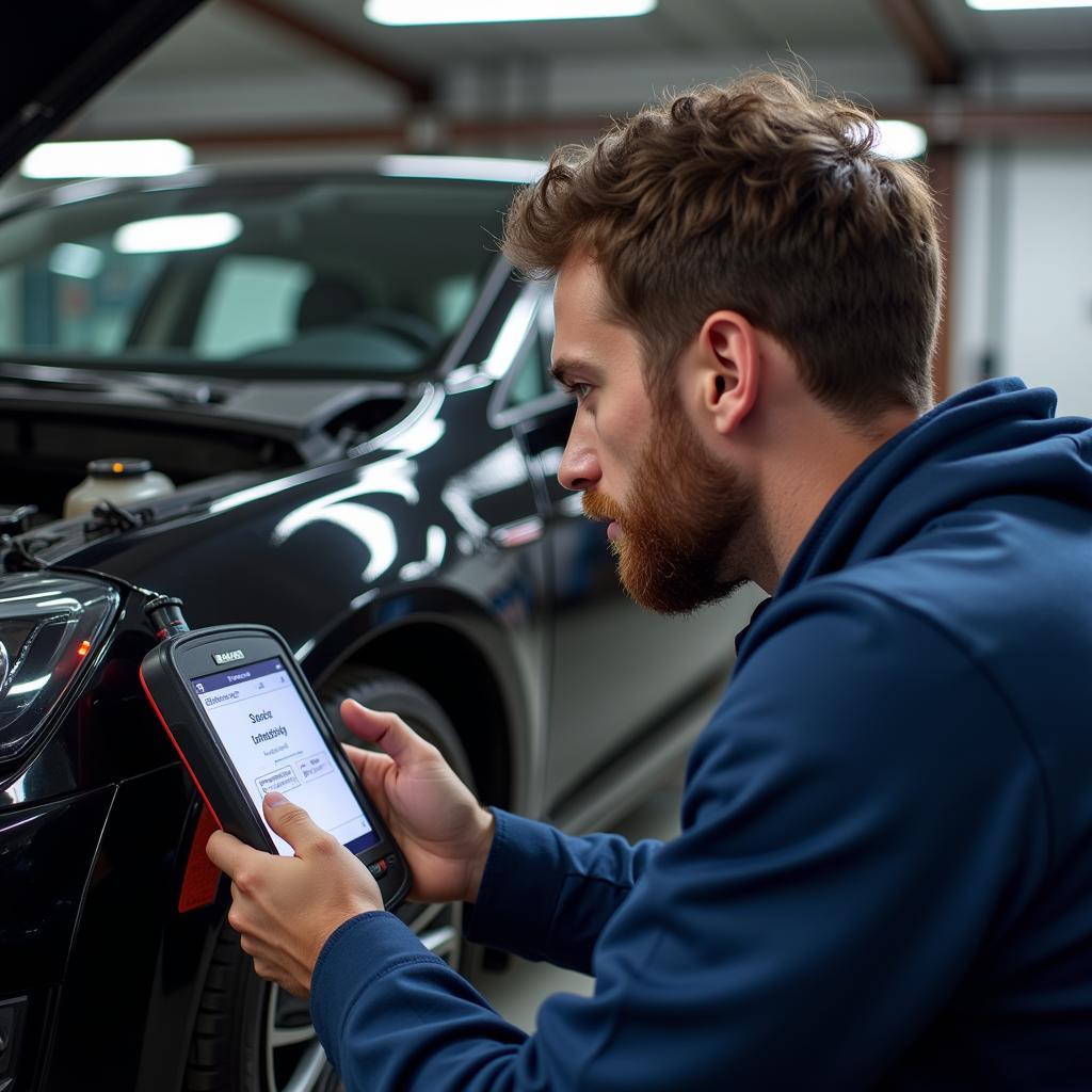 Mechanic using a professional diagnostic tool on a VW Golf in a garage.