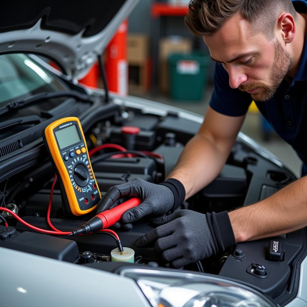 Mechanic Using Diagnostic Tools on Car Engine