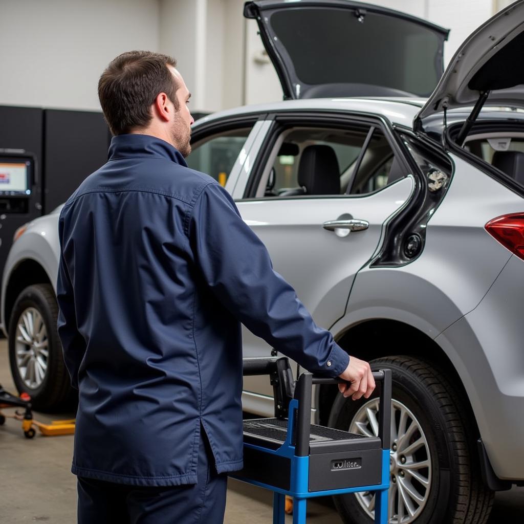 Mechanic using a car diagnostic trolley to diagnose a car problem