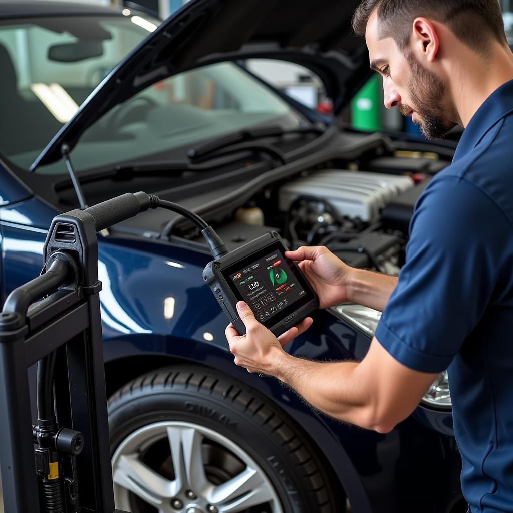 Mechanic Using Diagnostic Trolley on Car