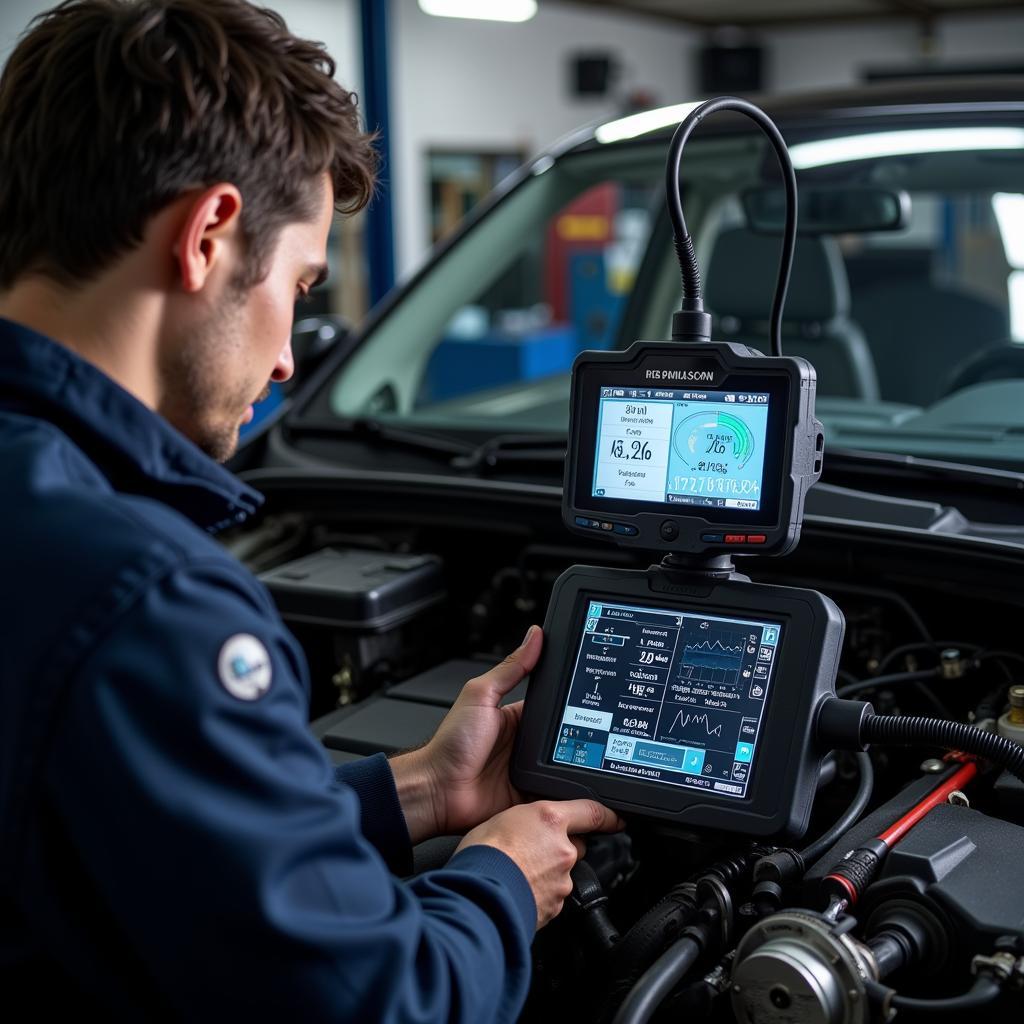 Mechanic using a diagnostic unit in a garage