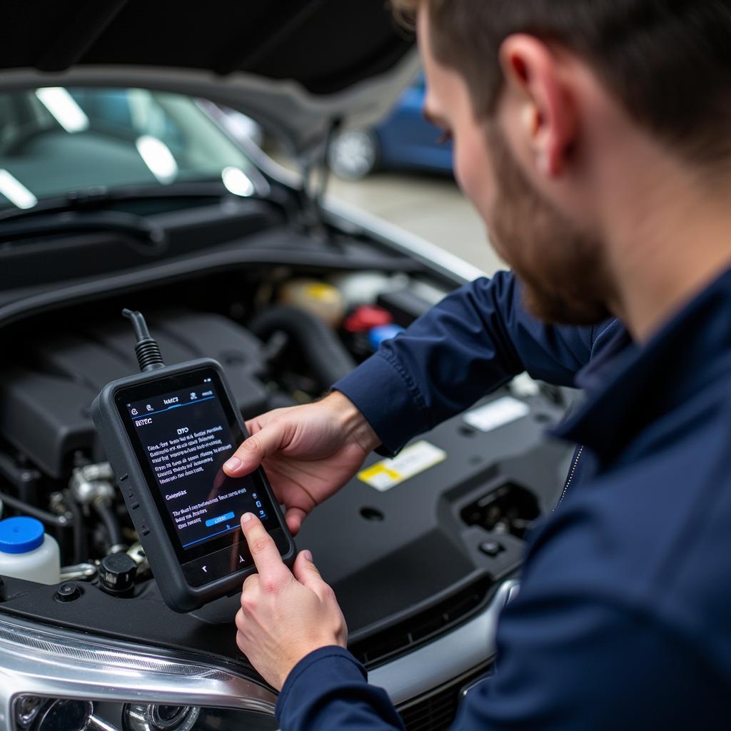 Mechanic using a car diagnostic tool to identify a car issue