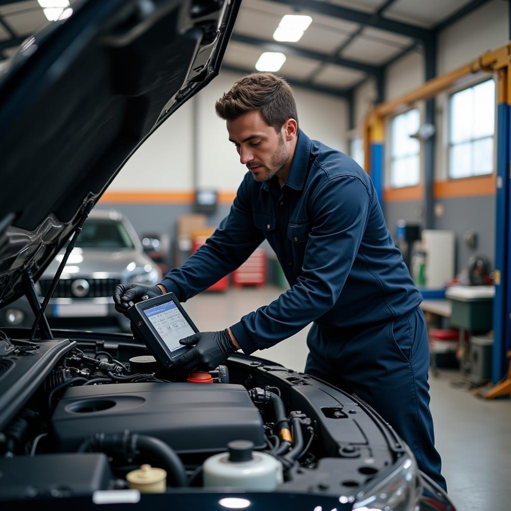 Mechanic Using Diagnostics Machine Universal Car