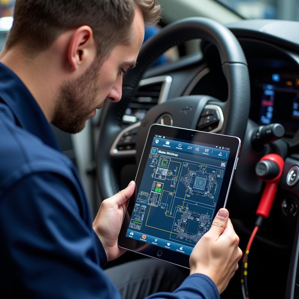 Mechanic using a diagnostics tablet