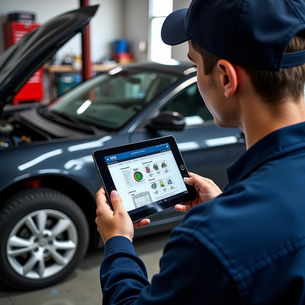 Mechanic Using Digital Car Diagnostic Manual on Tablet in Garage