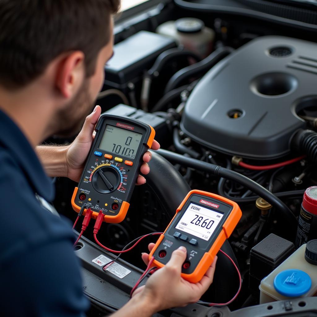 Mechanic using a digital multimeter for car diagnostics