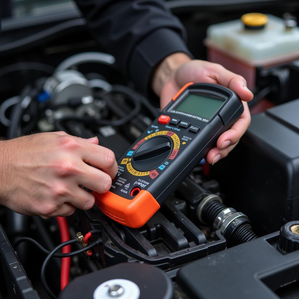 Mechanic Using Digital Multimeter on Car Engine