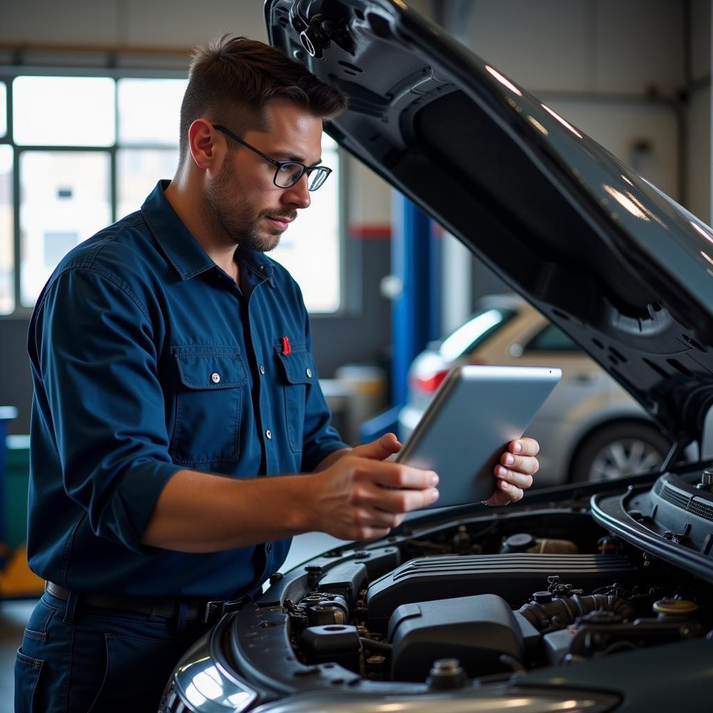 Mechanic Using Digital Tablet with Car