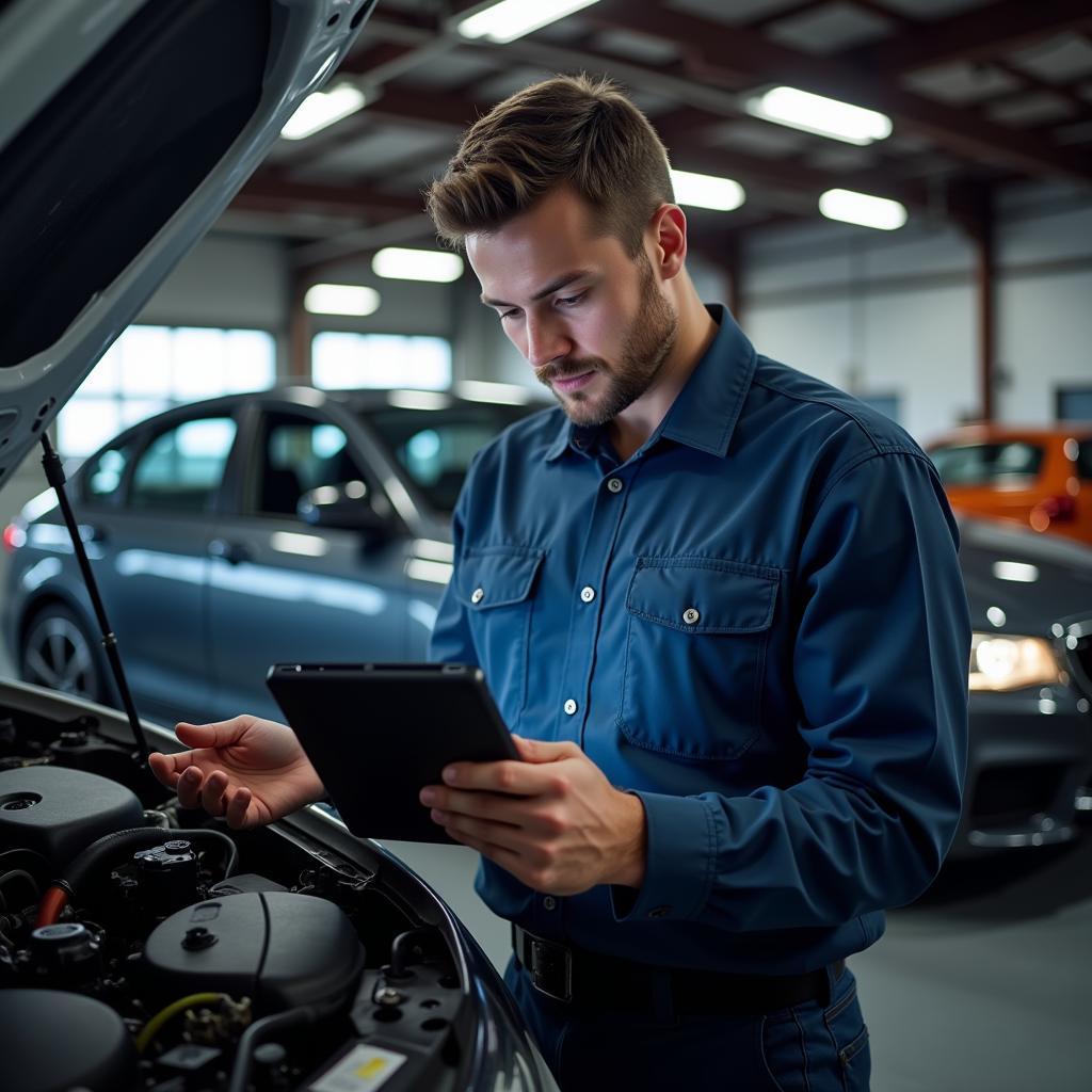 Mechanic using digital tablet for car diagnostics in a modern auto repair shop