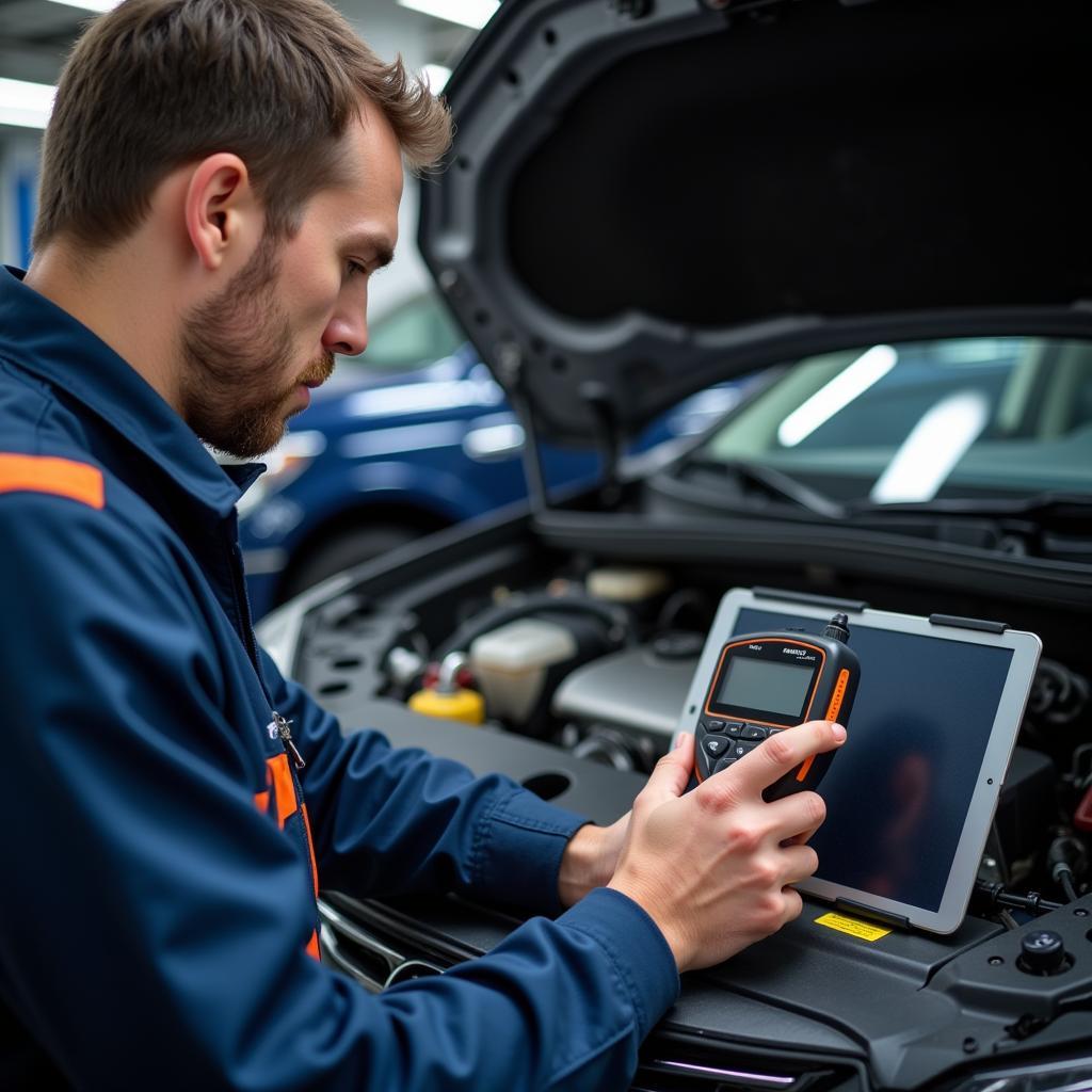 Mechanic Using a Car Diagnostic Tool and Digital Tablet