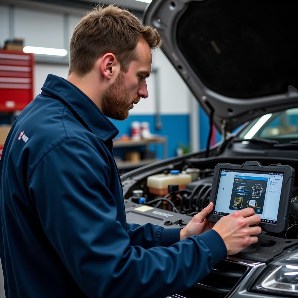 Mechanic Using Dolphin Car Diagnostic PC to Diagnose a Car Problem