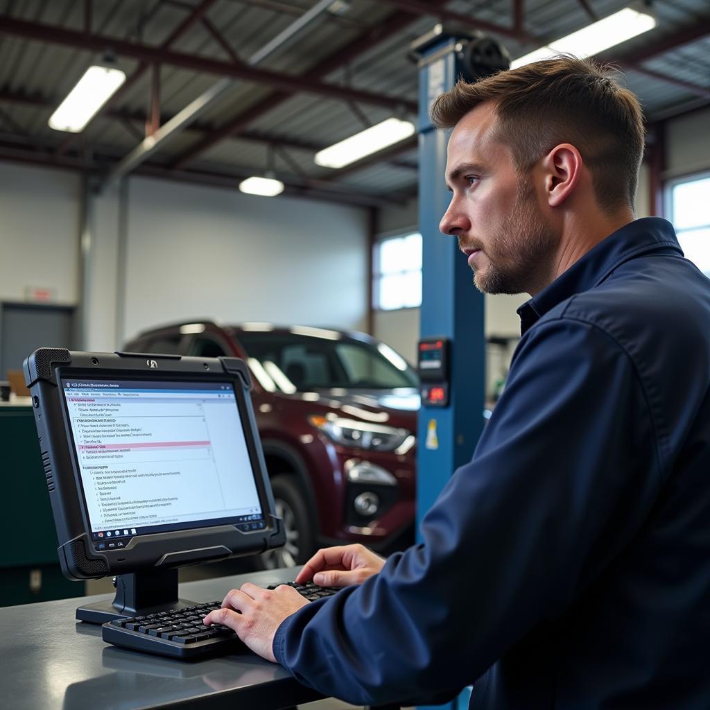 Mechanic using a Dolphin car diagnostic PC in a garage