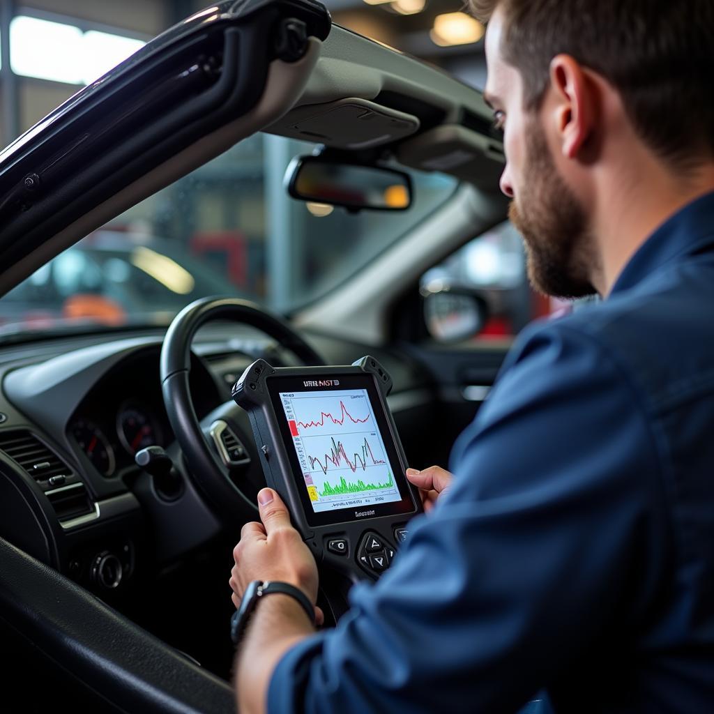 Mechanic using a DPF doctor to diagnose a car