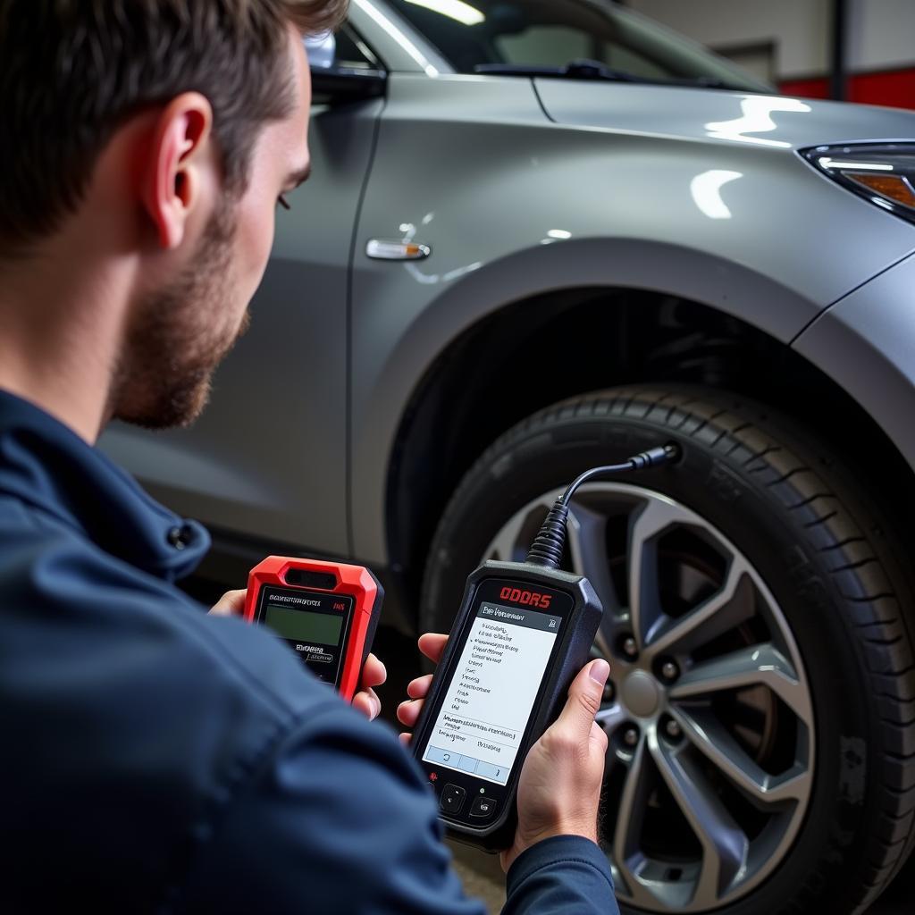 Mechanic using a DPF scanner to diagnose a car