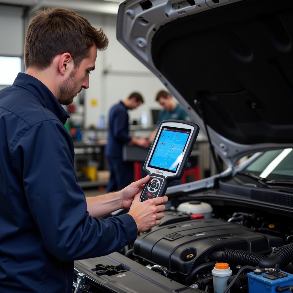 Mechanic Using Dr OBD2 Scanner in Workshop