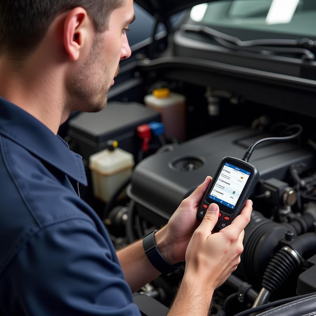 Mechanic Using ELM327 Scanner to Diagnose Car Engine