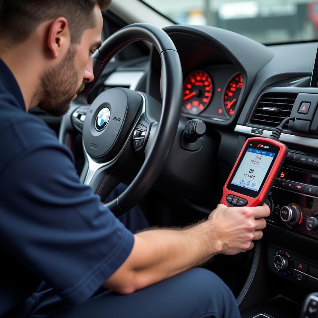 Mechanic Using Foxwell NT301 for BMW Diagnosis