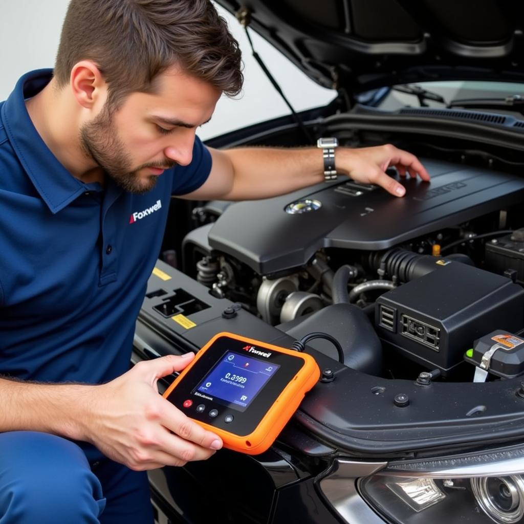 Mechanic Using Foxwell Scanner on a Vehicle