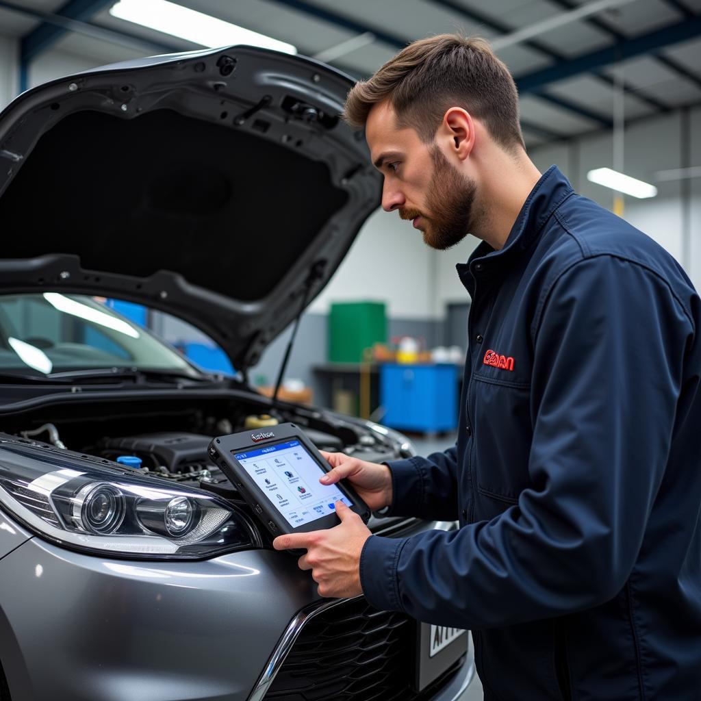 Mechanic using Gendan USB Diagnostic Tool to troubleshoot a car