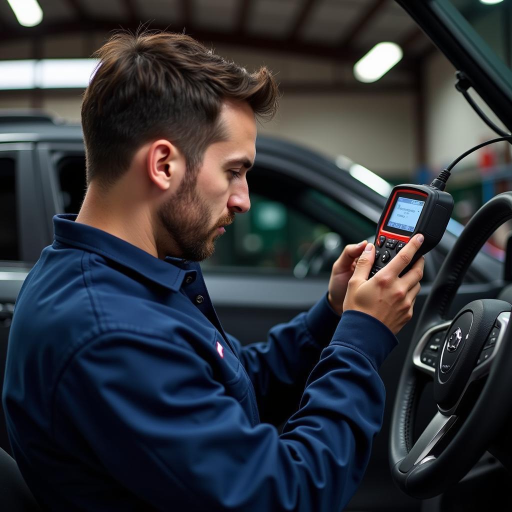 Mechanic Using a Handheld Diagnostic Device