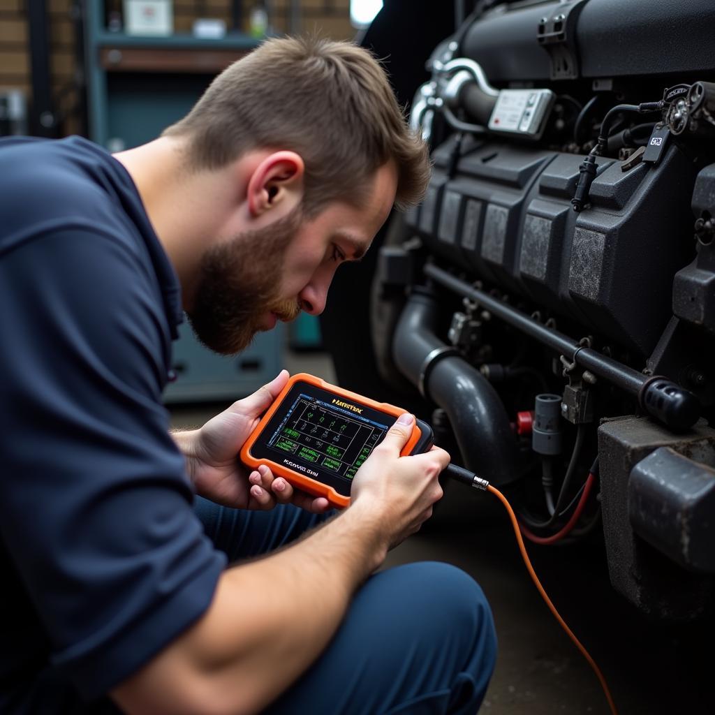 Mechanic Utilizing the Hantek 6022BE for Car Diagnostics in a Workshop Environment