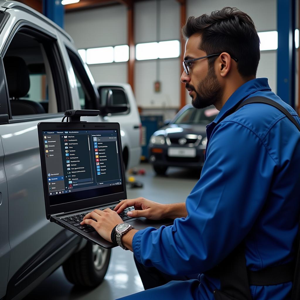 Mechanic Diagnosing a Car Using Software