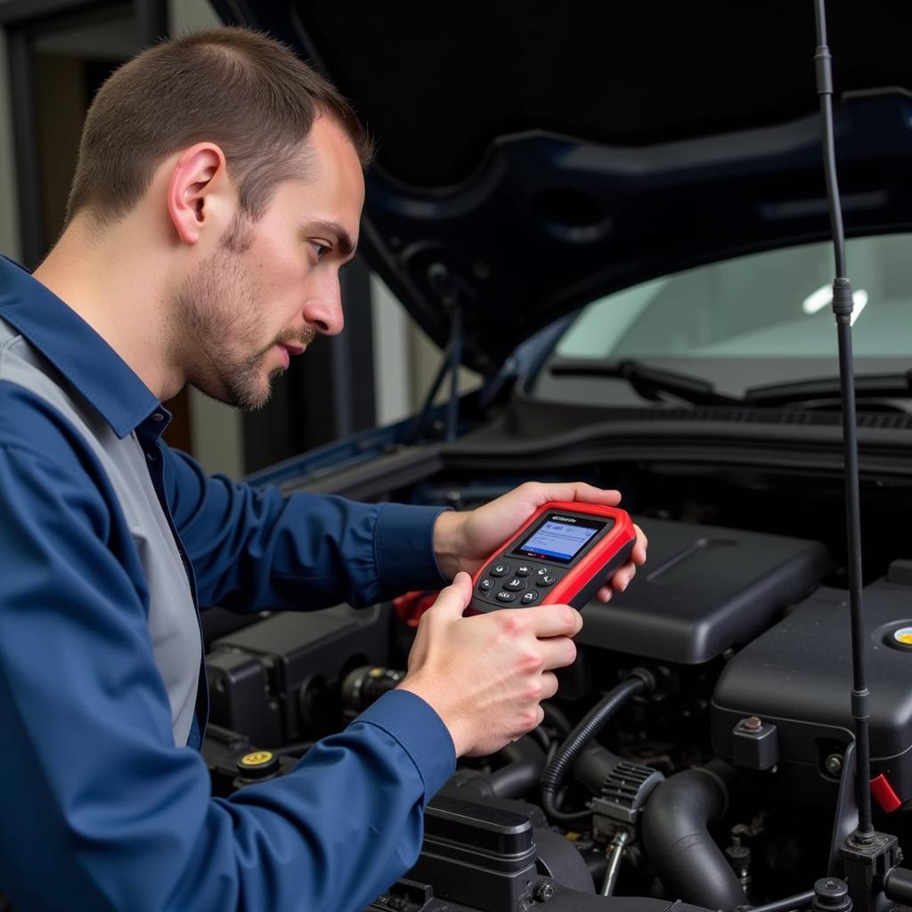 Mechanic using an Inspex tool to diagnose a car problem