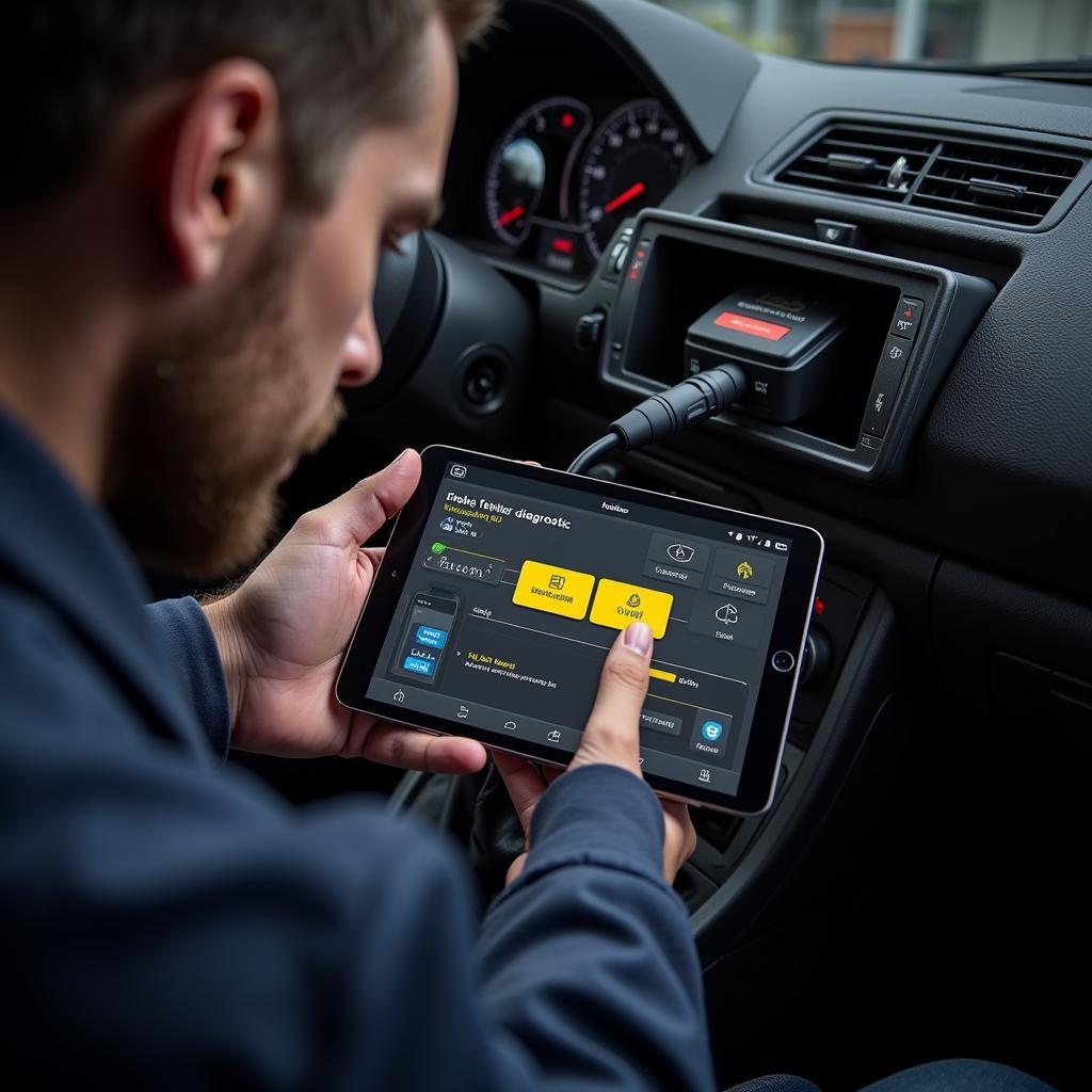 Mechanic Utilizing an iPad for Car Diagnostics