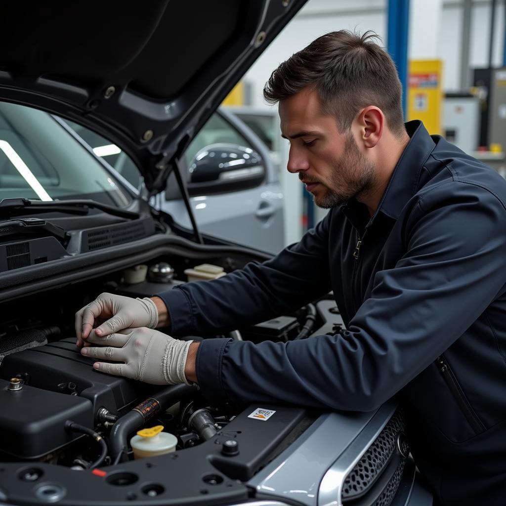 Mechanic using an iPad for car diagnostics in a garage