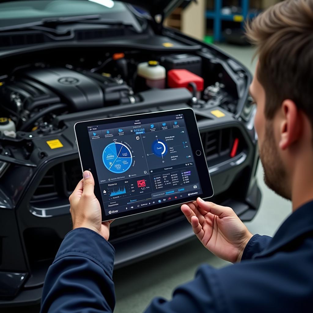 Mechanic Using iPad for Engine Diagnostics