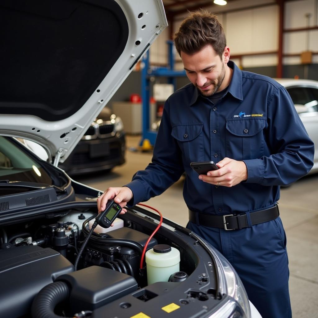 Mechanic Using iPhone Car Diagnostic Tool to Diagnose Car Problems