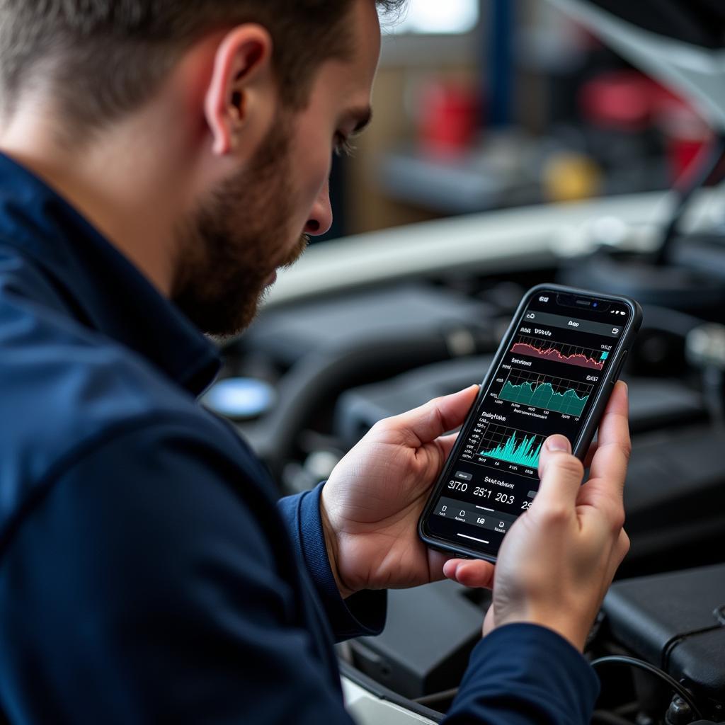 Mechanic Using iPhone Diagnostic App