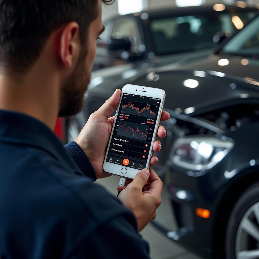 Mechanic Using iPhone Diagnostic App to Troubleshoot Car Issue