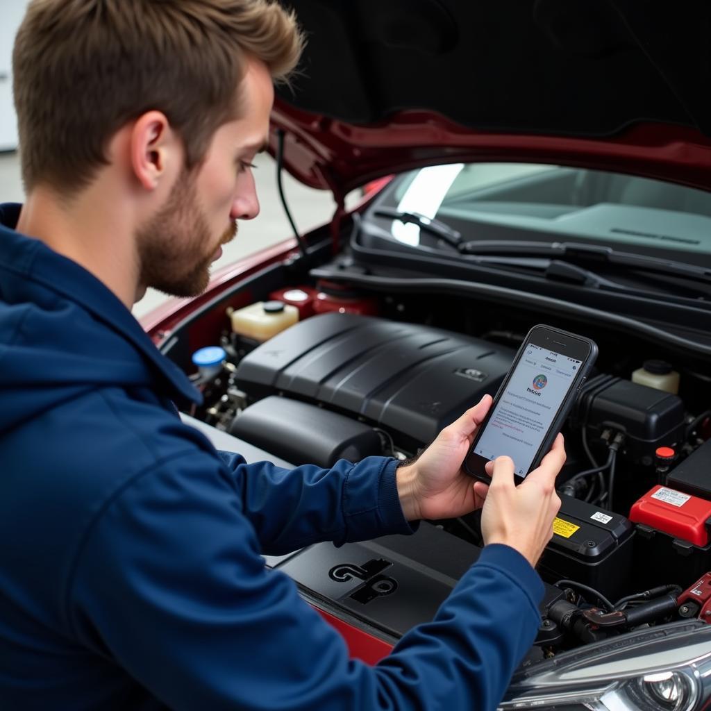 Mechanic Using iPhone for Car Diagnostics