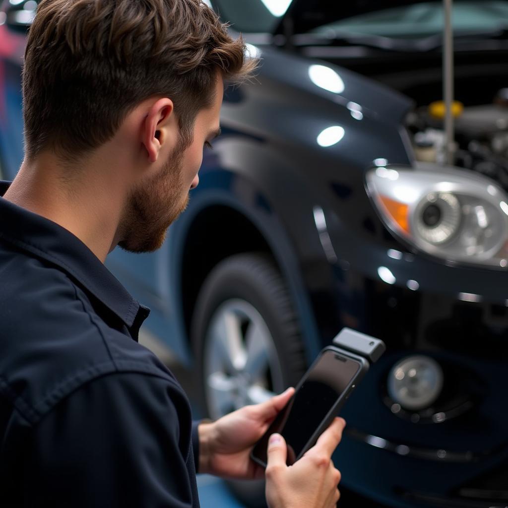 Mechanic Using iPhone for Diagnostics