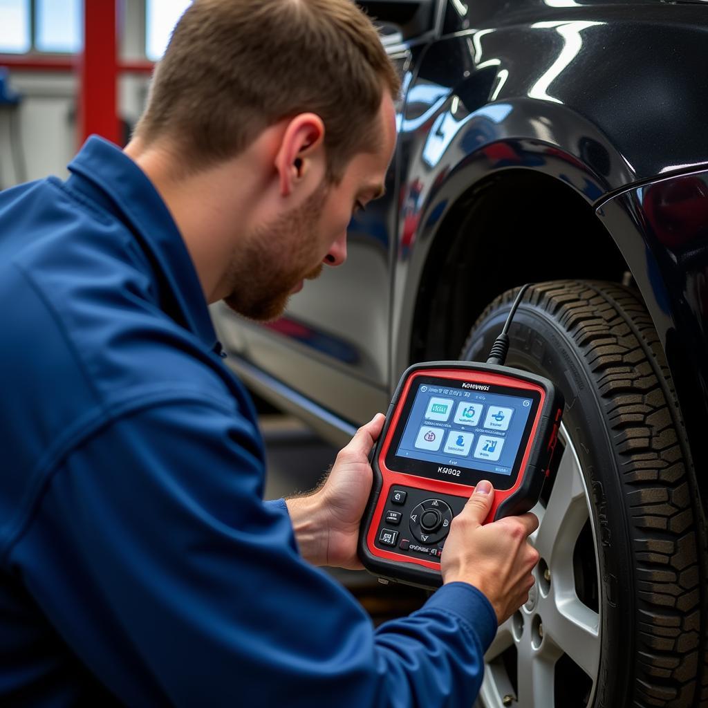 Mechanic using KONNWEI KW902 to diagnose a car problem