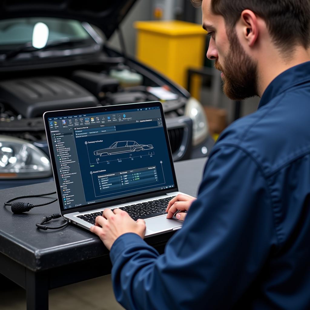 Mechanic Using Laptop for Car Diagnostics