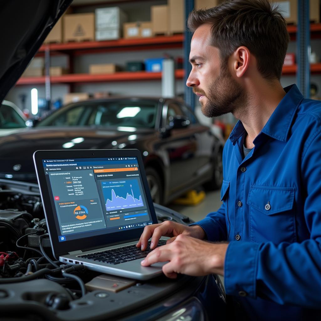 Mechanic diagnosing a car with a laptop