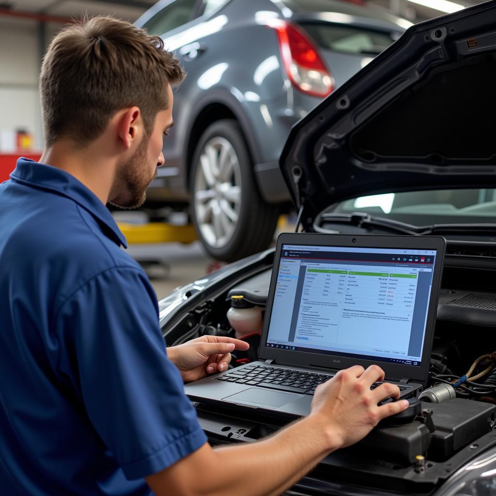 Mechanic Using Laptop for Car Diagnostics