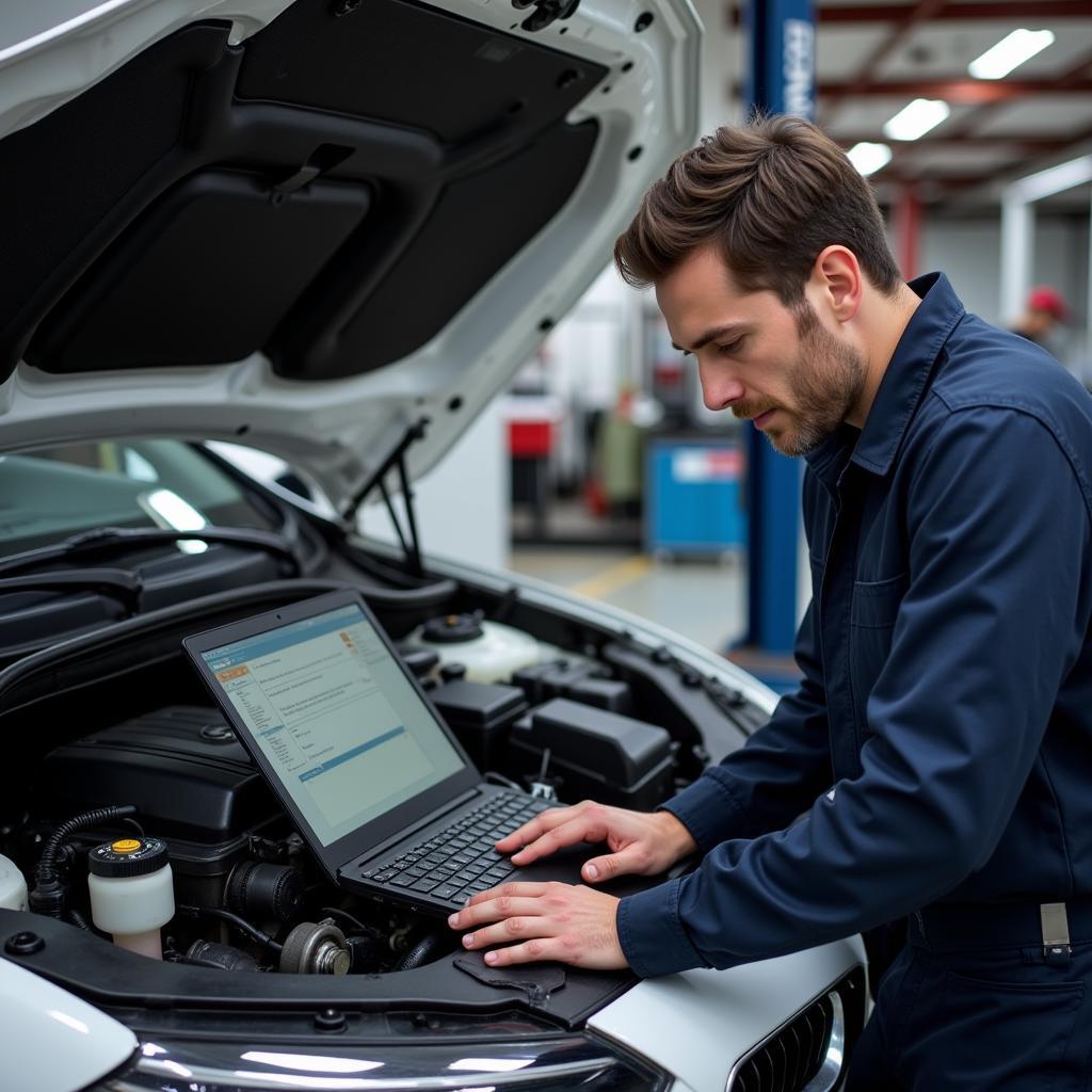 Mechanic using a laptop for car diagnostics in a garage