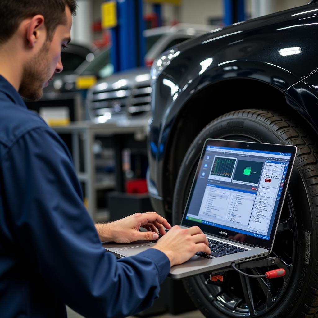 Mechanic Using Laptop for Car Diagnostics in Garage