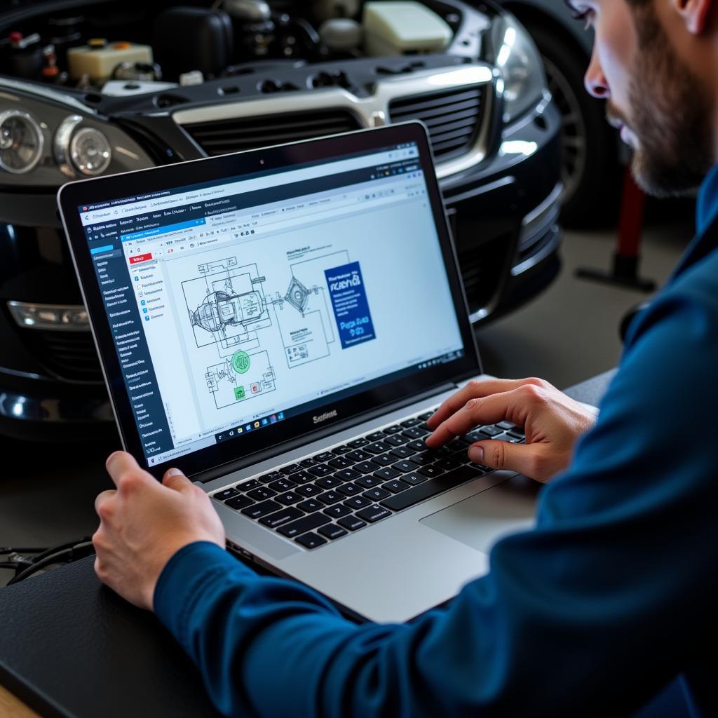 Mechanic Using Laptop with Car Diagnostic Software