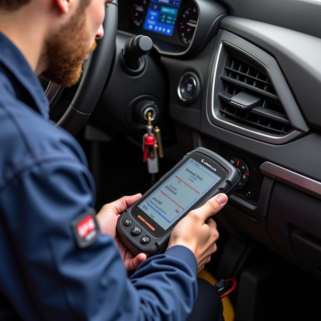 Mechanic Using a Launch Diagnostic Tool to Troubleshoot a Car Engine