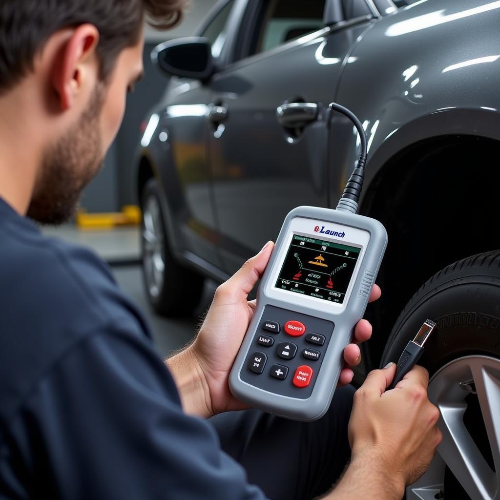 A mechanic using the Launch CR319 to diagnose a car issue